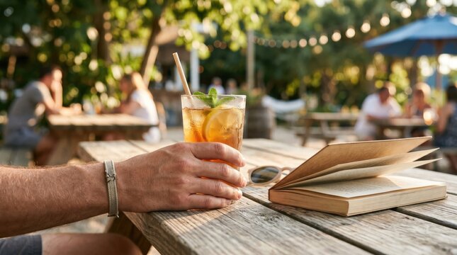 Young man holding iced tea glass at outdoor beer garden table with open book, summer leisure lifestyle concept, relaxing afternoon beverage