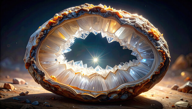 Closeup of a polished geode with sparkling crystals and vibrant colors