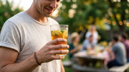 Fototapeta premium Young Caucasian man holding glass of iced tea with lemon at outdoor garden party with friends in background representing summer social lifestyle