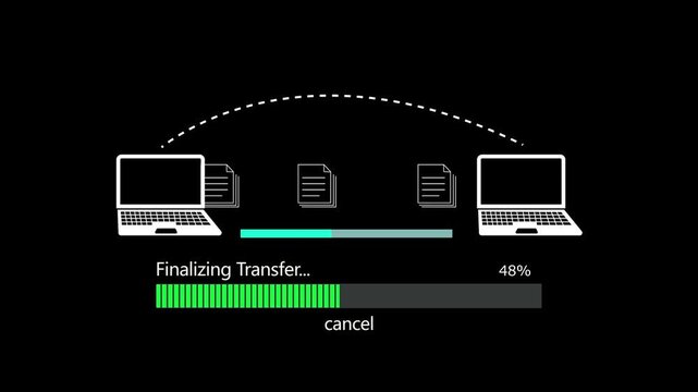 A motion graphic animation of two laptops transferring multiple documents with a progress bar indicating finalization.