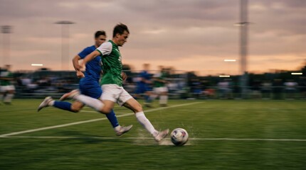 Fototapeta premium Young male soccer players competing in a fast paced match on a green field at sunset representing athletic determination and teamwork