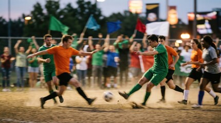 Naklejka premium Amateur soccer match on dirt field with young adult male players competing in a recreational league game at dusk with spectators