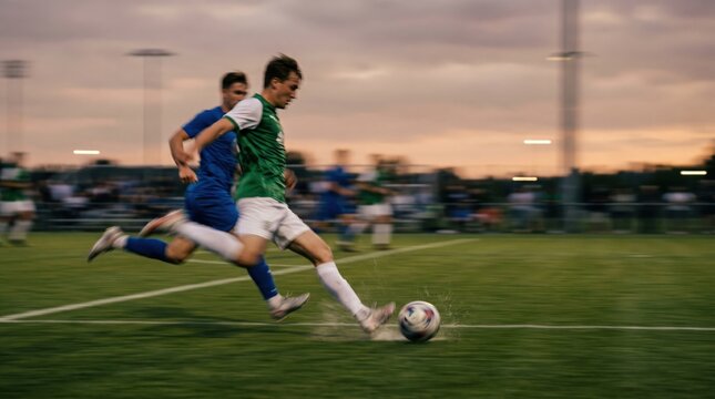 Young male soccer players competing in a fast paced match on a green field at sunset representing athletic determination and teamwork