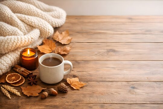 cozy autumn coffee with leaves and knitted blanket