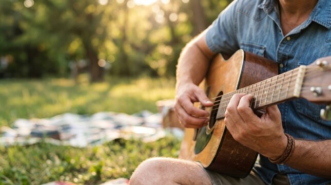 Caucasian man playing acoustic guitar in park at sunset, hobbyist musician enjoying music outdoors, lifestyle concept of relaxation and leisure time