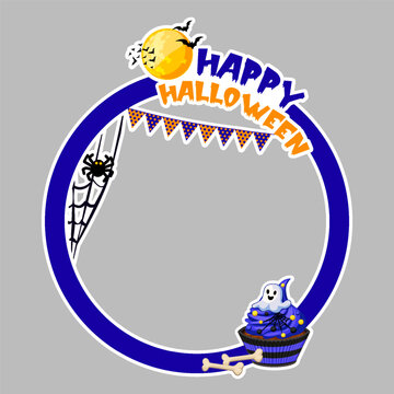 Halloween Circle Frame with Moon, Spider Web and Cute Cupcake Sticker Border Vector