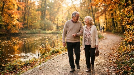 Fototapeta premium Elderly couple walking together on a path through a forest during the autumn season