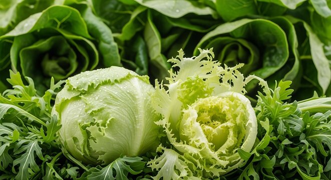 Fresh organic green lettuce and curly endive leaves background.