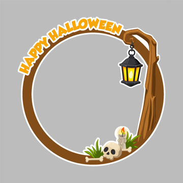 Halloween Round Frame with Lantern and Skull Vector Border