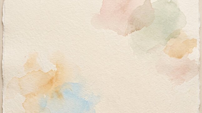 Handmade watercolor paper texture with pastel paint splashes, vintage deckle edge paper background, artistic abstract wash on cream stationery