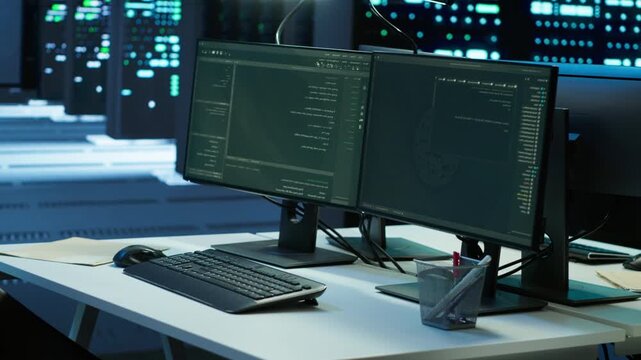 Computer displays provides technical support inside a server farm with a computer monitor, connecting network security and data protection with enterprise infrastructure work