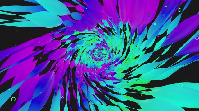 Hypnotic seamless loop of a futuristic organic tunnel. Abstract digital vortex made of twisting biomorphic shapes, liquid drop structures and floating particles, creating deep micro world perspective