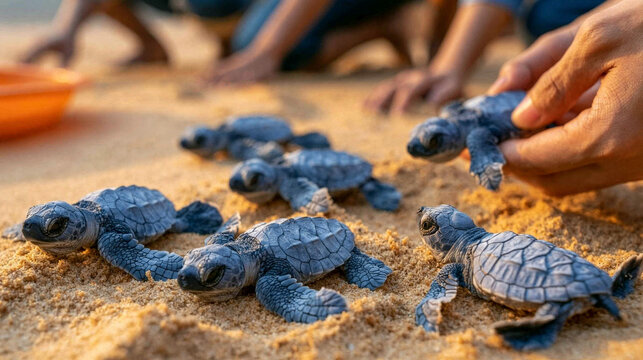 Baby Sea Turtles Hatching on a Sandy Beach: A heartwarming scene of tiny sea turtle hatchlings emerging from the sand on a sun-drenched beach.