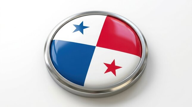 Circular metal badge featuring the national flag of panama with blue and red stars, isolated