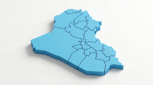 3 d isometric map of iraq with administrative governorates, light blue shape on white background