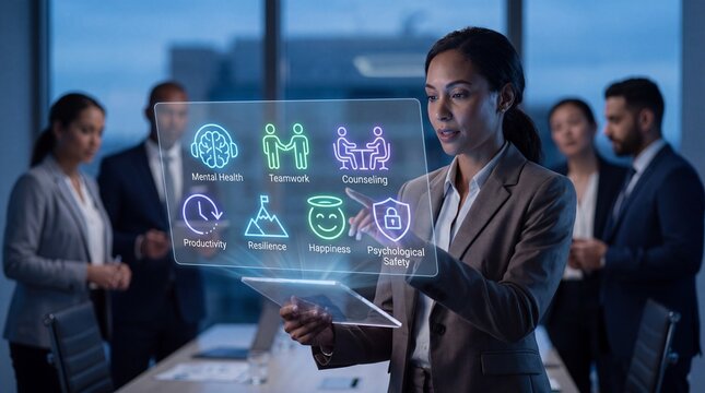 Woman interacting with virtual interface in office setting