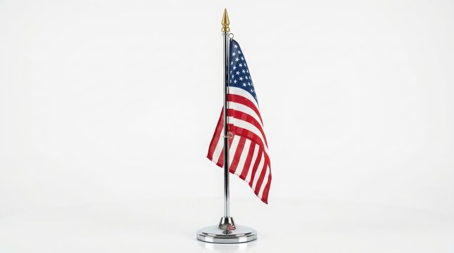 Small american flag on a silver desk stand with a gold finial, isolated on white background