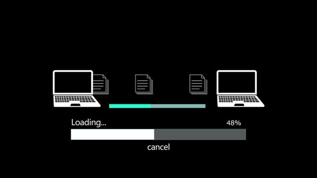 Technology concept file transfer between two laptops with loading bar progress and data icons moving.