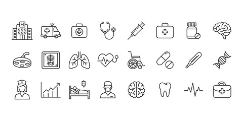 Medical line icon set featuring hospital, doctor, healthcare tools, and anatomy outlines. Editable stroke. © Pure Visuals