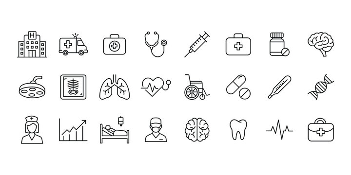 Medical line icon set featuring hospital, doctor, healthcare tools, and anatomy outlines. Editable stroke.