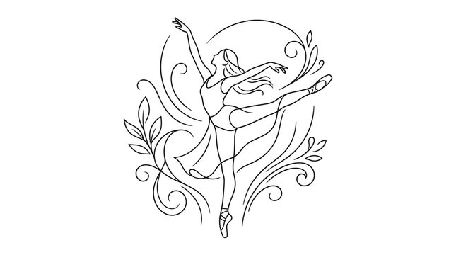 Elegant ballerina performing a graceful dance move with swirling floral elements in line art style.