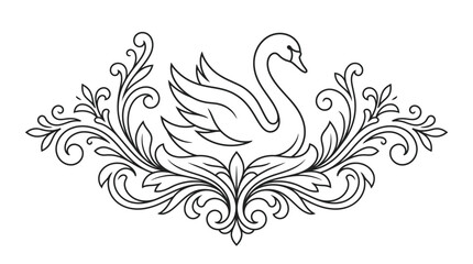 Fototapeta premium Elegant hand drawn swan surrounded by intricate floral filigree scrollwork design.