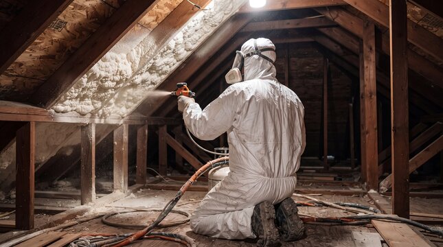 Worker Painting Wooden Beams in Rustic Attic Under Natural Light