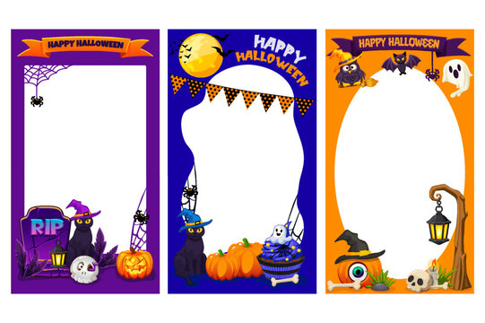Halloween social media stories templates vector set with cute spooky characters
