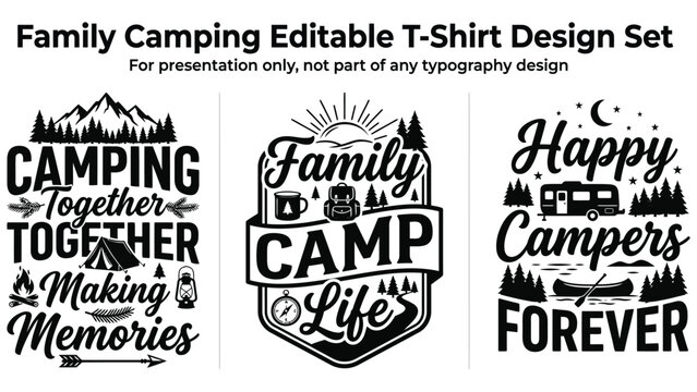 Family camping editable tshirt design set with typographic quotes and illustrations