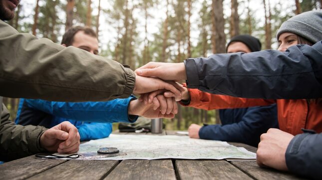Group of diverse friends stacking hands over map on wooden table in forest, planning hiking trip, adventure travel concept, teamwork and unity