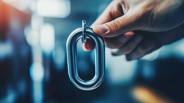Hand holds a single metal chain link against a blurred background to symbolize strength, connection, and the importance of every individual component within a complex industrial or mechanical system.