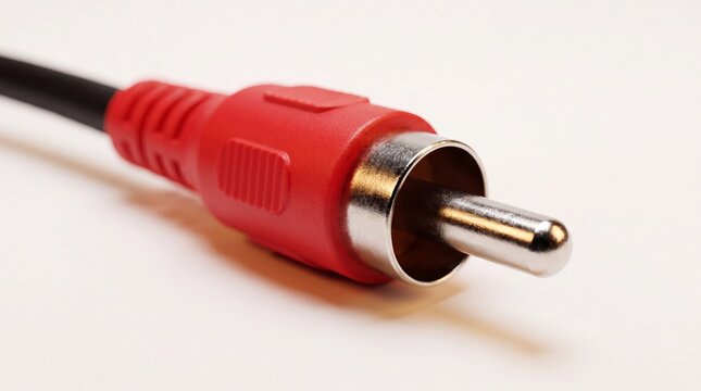 Close up of red and black coaxial cable connector on white background