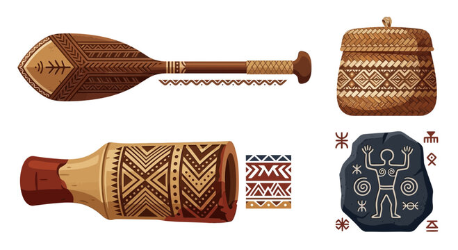 Summer tribal artifacts including paddle basket drum and stone carving