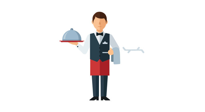 Professional waiter holding service tray with cloche in uniform