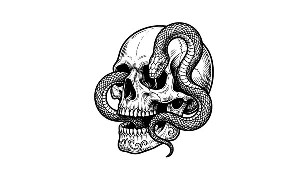 Gothic skull with snake tattoo design line art