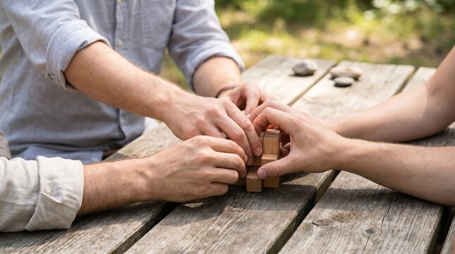 Two men collaborating to solve a wooden brain teaser puzzle on a rustic outdoor table representing teamwork problem solving and strategy
