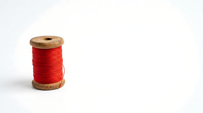 Vintage wooden spool with red sewing thread isolated on a white background for craft and tailoring concepts