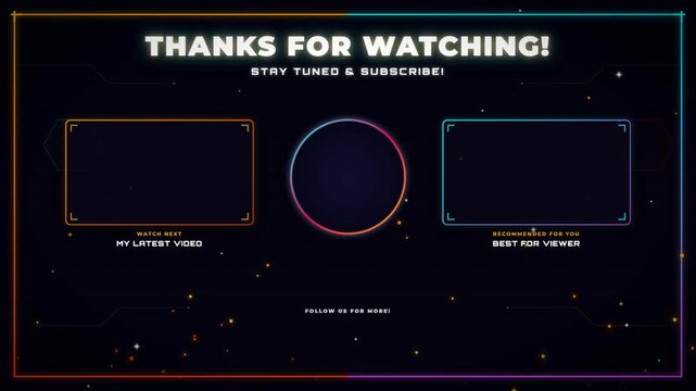 Futuristic neon gaming end screen template with subscribe button and video recommendation frames.