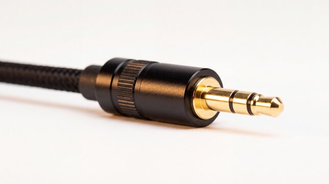 Close up of gold plated audio jack connector on black cable isolated on white background