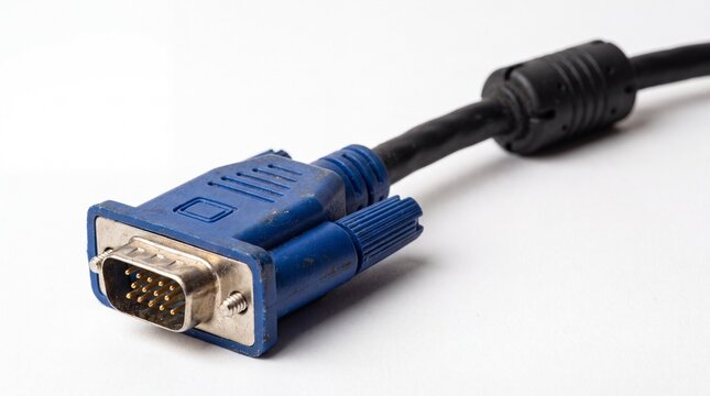 Close up of blue VGA cable connector with black plug on white background
