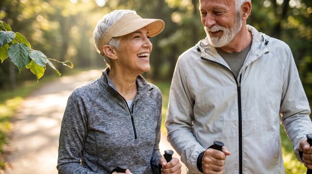 Active senior couple hiking with trekking poles in nature park, healthy lifestyle for elderly man and woman enjoying outdoor exercise together