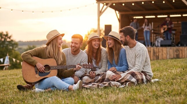 Group of young adult friends playing acoustic guitar and singing together at an outdoor sunset music festival picnic party
