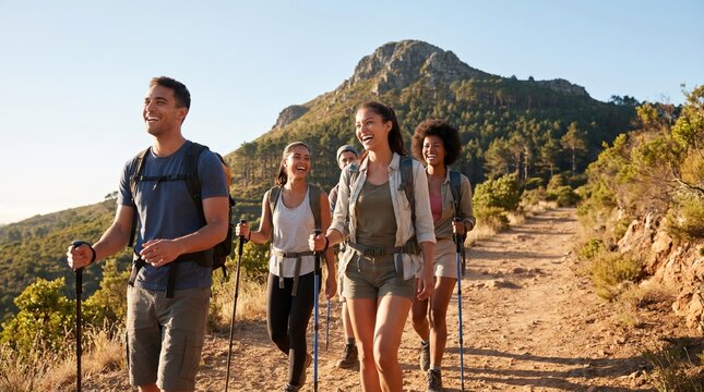 Diverse group of young adult friends hiking on a mountain trail with backpacks and trekking poles enjoying outdoor adventure and fitness