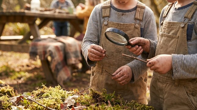 Two young boys exploring nature with a magnifying glass in a forest school setting, outdoor education and science discovery concept