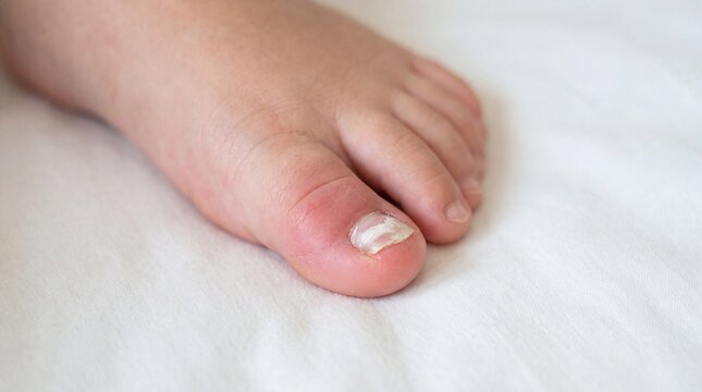 Close up of bare foot with ingrown toenail on white fabric surface