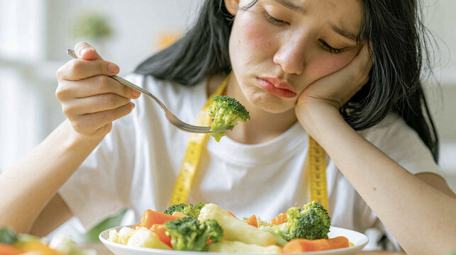 Dismal Diet: A young woman with a look of sheer exhaustion and discontent stares at a forkful of steamed broccoli, the symbol of her unappealing dietary regime.