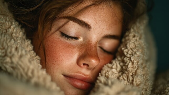 Freckled girl sleeping deeply under a thick warm blanket in soft lighting.