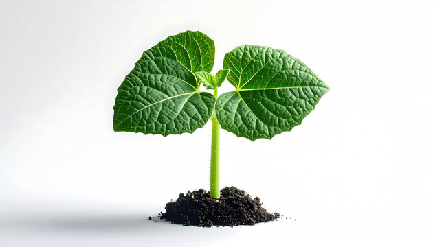 Young Green Plant Growing in Soil on White Background
