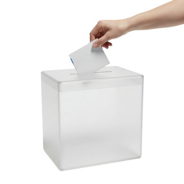 Hand putting ballot into clear white election box voting and democracy concept.