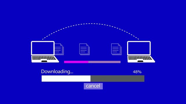 Conceptual video illustrating seamless file sharing and data transfer between two laptops with progress bar.
